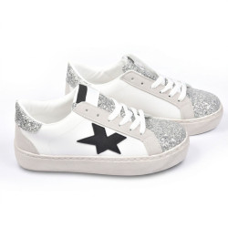 OZABI Baskets Mode Femme - Sneakers Étoile Appliquée, Tige Glitter & Simili Cuir, Semelle Plateforme, Coloris Argent ou Or,