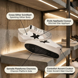 OZABI Baskets Mode Femme - Sneakers Étoile Appliquée, Tige Glitter & Simili Cuir, Semelle Plateforme, Coloris Argent ou Or,