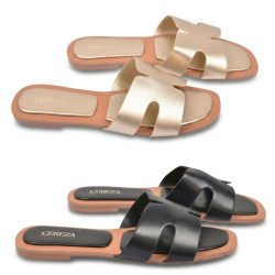 OZABI Sandales Femme - Slide Bride H Sculptée Cuir Synthétique Premium, Inserts Mousse Habillés, Semelle Caoutchouc Souple