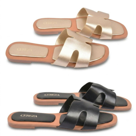 OZABI Sandales Femme - Slide Bride H Sculptée Cuir Synthétique Premium, Inserts Mousse Habillés, Semelle Caoutchouc Souple