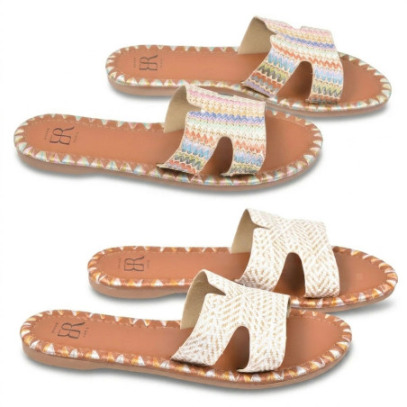 OZABI Sandales Femme - Slide Bride H Tressage Synthétique, Surpiqûre Triangulaire Métallisée, Semelle Caoutchouc Souple