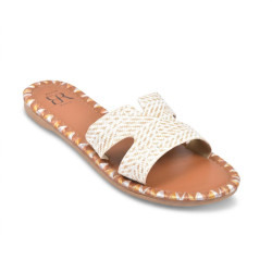 OZABI Sandales Femme - Slide Bride H Tressage Synthétique, Surpiqûre Triangulaire Métallisée, Semelle Caoutchouc Souple