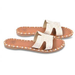 OZABI Sandales Femme - Slide Bride H Tressage Synthétique, Surpiqûre Triangulaire Métallisée, Semelle Caoutchouc Souple