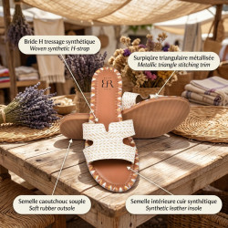 OZABI Sandales Femme - Slide Bride H Tressage Synthétique, Surpiqûre Triangulaire Métallisée, Semelle Caoutchouc Souple