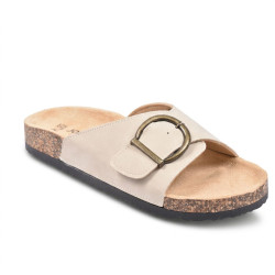 OZABI Sandales Femme Mule à Boucle - Sangle Nubuck Synthétique, Boucle Bronze, Semelle Postformée, Plateforme Liège & EVA