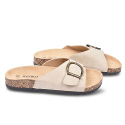 OZABI Sandales Femme Mule à Boucle - Sangle Nubuck Synthétique, Boucle Bronze, Semelle Postformée, Plateforme Liège & EVA