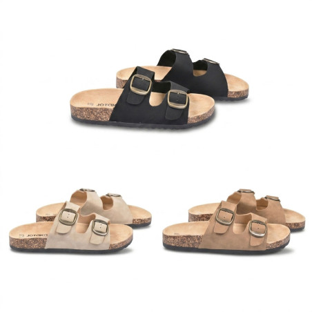 OZABI Sandales Femme Mule Double Sangle à 2 Boucles - Ajustement Précis, Nubuck Synthétique, Semelle Postformée, Liège