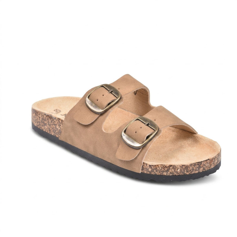 OZABI Sandales Femme Mule Double Sangle à 2 Boucles - Ajustement Précis, Nubuck Synthétique, Semelle Postformée, Liège