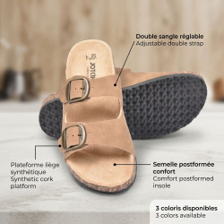 OZABI Sandales Femme Mule Double Sangle à 2 Boucles - Ajustement Précis, Nubuck Synthétique, Semelle Postformée, Liège
