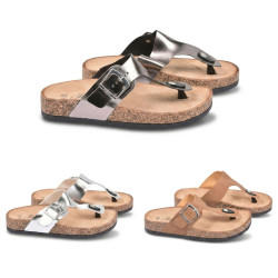 OZABI Sandales Femme Tong Sangle Boucle - Cuir Synthétique Nubuck ou Lisse Métallisé, Semelle Postformée, Liège&EVA Antidérapant