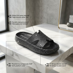 OZABI Sandales Femme Claquette H-Strap Glitter EVA - Pailleté Haute Intensité, Semelle Massante Picots, Plateforme Compensée