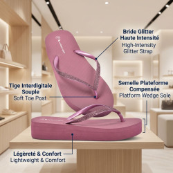 OZABI Tong Femme Compensée Glitter Interdigitale - Plateforme, Bride Pailletée, 3 Coloris dont Léopard, Beige et Grenat, 36 à 41