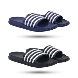 OZABI Pack 2 Paires Claquettes Enfant - Sangle 3 Bandes EVA, Semelle Épaisse Galbée Antidérapante, Marine + Noir, du 30 au 35
