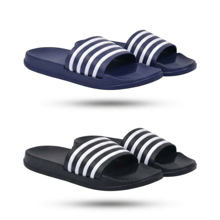 OZABI Pack 2 Paires Claquettes Enfant - Sangle 3 Bandes EVA, Semelle Épaisse Galbée Antidérapante, Marine + Noir, du 30 au 35