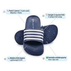 OZABI Pack 2 Paires Claquettes Enfant - Sangle 3 Bandes EVA, Semelle Épaisse Galbée Antidérapante, Marine + Noir, du 30 au 35