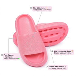 OZABI Pack 3 Paires Claquettes Fille Glitter Lurex Paillettes - Semelle Épaisse Antidérapante EVA - Coloris Girly