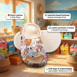 OZABI Pack 2 Paires Sabots Enfant EVA - Imprimé Animaux Kawaii - Lanière Pivotante - Fille Garçon