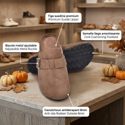 OZABI Sabot Fermé Enfant Suédine - Semelle Liège Caoutchouc - Doublure Velours Mousse - Boucle Métal Ajustable - Mixte