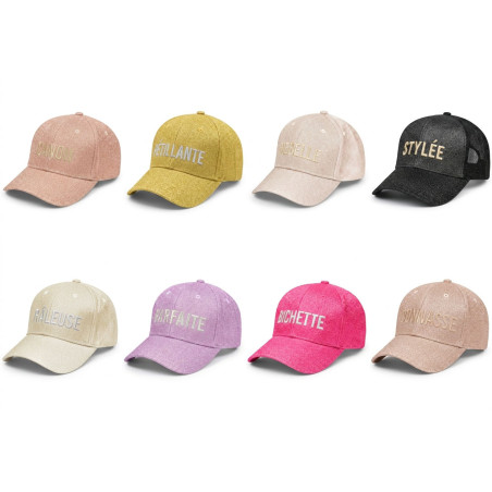 OZABI – Lot de 2 Casquettes Pailletées Femme Lurex – Broderie Message Fantaisie – Fermeture Scratch Réglable – 100% Polyester –