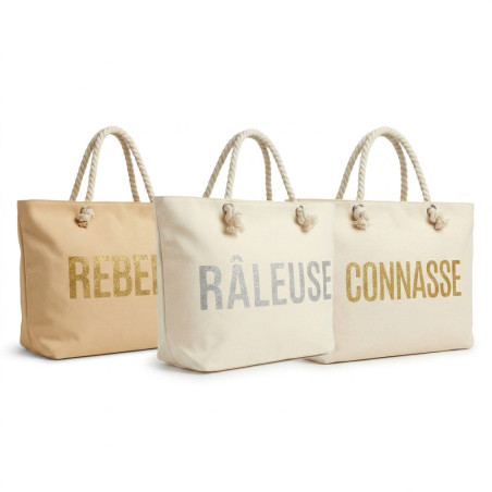 OZABI – Sac de Plage Shopping Femme Toile Jute Synthétique – Message Humoristique Pailleté – Anses Cordage – Fermeture Zip