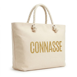 OZABI – Sac de Plage Shopping Femme Toile Jute Synthétique – Message Humoristique Pailleté – Anses Cordage – Fermeture Zip