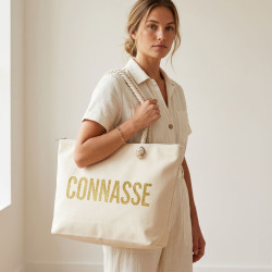 OZABI – Sac de Plage Shopping Femme Toile Jute Synthétique – Message Humoristique Pailleté – Anses Cordage – Fermeture Zip