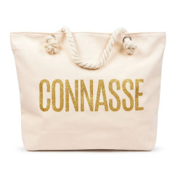 OZABI – Sac de Plage Shopping Femme Toile Jute Synthétique – Message Humoristique Pailleté – Anses Cordage – Fermeture Zip
