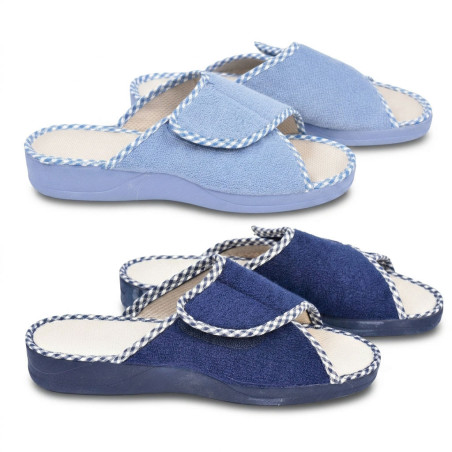 OZABI, Mule Femme Eponge Scratch Ajustable Bout Ouvert, Fabriquee en Espagne, Semelle Caoutchouc Antiderapante, Passepoil Vichy
