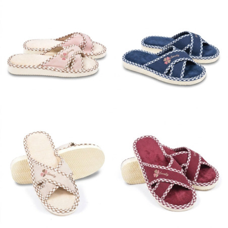 OZABI, Pantoufle Mule Femme Pack 2 Paires Sangles Croisees Tissu Imprime Bout Ouvert, Doublure Eponge, Semelle Mousse Confort