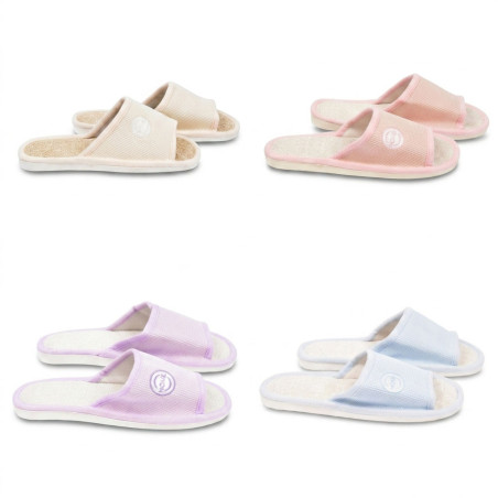 OZABI, Pantoufle Mule Femme Pack 2 Paires Tissu Gaufre Bout Ouvert, Semelle Interieure Tissu Naturel Texture, Semelle Mousse