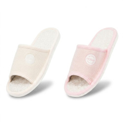 OZABI, Pantoufle Mule Femme Pack 2 Paires Tissu Gaufre Bout Ouvert, Semelle Interieure Tissu Naturel Texture, Semelle Mousse