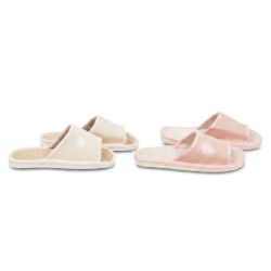 OZABI, Pantoufle Mule Femme Pack 2 Paires Tissu Gaufre Bout Ouvert, Semelle Interieure Tissu Naturel Texture, Semelle Mousse
