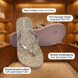 OZABI Pack 2 Paires Tongs Femme Print Sauvage - Semelle Caoutchouc Souple Antidérapante - Imprimé Animalier Intégré Footbed