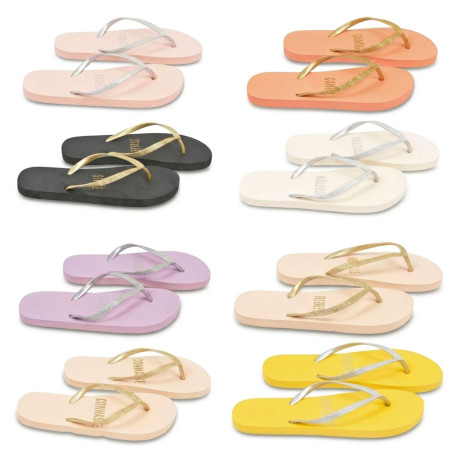 OZABI Pack 2 Paires Tongs Femme Message Humour Glitter - Sangle Lurex Or et Argent - Message Imprime Footbed - Semelle Mousse