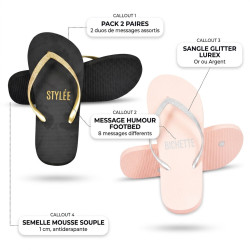 OZABI Pack 2 Paires Tongs Femme Message Humour Glitter - Sangle Lurex Or et Argent - Message Imprime Footbed - Semelle Mousse