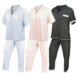 OZABI Ensemble Pyjama Long Femme 2 Pièces Haut Manches Courtes et Pantalon Fluide Col Chemise 5 Boutons Finitions Dentelle Blanc