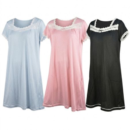 OZABI Chemise de Nuit Femme Ultra Légère Col Rond Dentelle Florale Bande Ajourée Manches Courtes Maille Jacquard