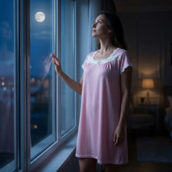 OZABI Chemise de Nuit Femme Ultra Légère Col Rond Dentelle Florale Bande Ajourée Manches Courtes Maille Jacquard