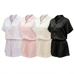 OZABI Pyjama Court Femme 2 Pièces Haut Manches Courtes Chemisier et Short Satiné Col Revers 5 Boutons Cristal Motif Zèbre