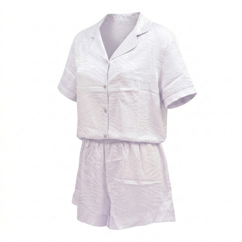 OZABI Pyjama Court Femme 2 Pièces Haut Manches Courtes Chemisier et Short Satiné Col Revers 5 Boutons Cristal Motif Zèbre