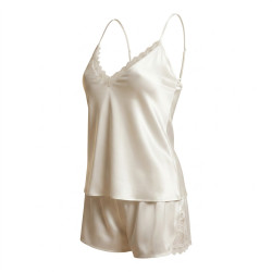 OZABI Pyjama Court Femme 2 Pièces Débardeur Col V Dentelle Bretelles Fines Réglables et Short Satiné Brillant Toucher Soie
