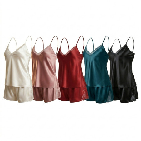 OZABI Pyjama Court Femme 2 Pièces Débardeur Col V Dentelle Bretelles Fines Réglables et Short Satiné Brillant Toucher Soie