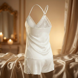 OZABI Pyjama Court Femme 2 Pièces Débardeur Col V Dentelle Bretelles Fines Réglables et Short Satiné Brillant Toucher Soie