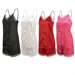 OZABI Pyjama Court Femme 2 Pièces Satiné Débardeur Col V Dentelle Bretelles Réglables Short Finition Dentelle Effet Soie Confort