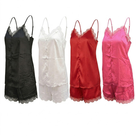 OZABI Pyjama Court Femme 2 Pièces Satiné Débardeur Col V Dentelle Bretelles Réglables Short Finition Dentelle Effet Soie Confort