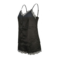 OZABI Pyjama Court Femme 2 Pièces Satiné Débardeur Col V Dentelle Bretelles Réglables Short Finition Dentelle Effet Soie Confort