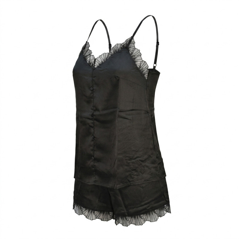 OZABI Pyjama Court Femme 2 Pièces Satiné Débardeur Col V Dentelle Bretelles Réglables Short Finition Dentelle Effet Soie Confort