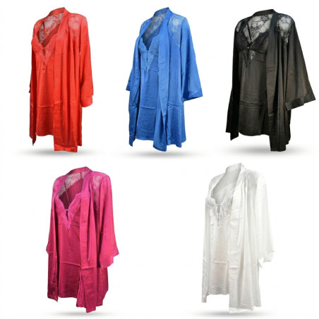 OZABI Set Nuisette et Kimono Femme 2 Pièces Satin Effet Soie Bustier Dentelle Pailletée Bretelles Fines Réglables Dos Nu Kimono