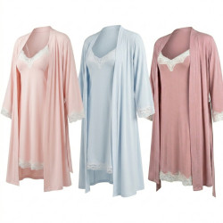 OZABI Set Nuisette et Kimono Femme 2 Pièces Viscose Dentelle Florale Blanche Bretelles Fines Réglables Kimono Manches 3/4