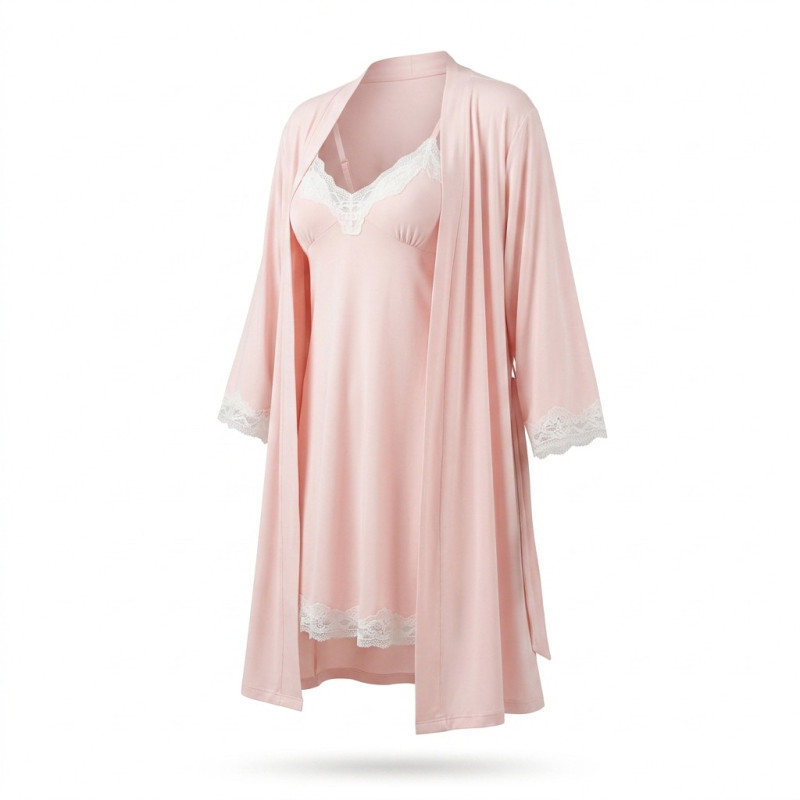 OZABI Set Nuisette et Kimono Femme 2 Pièces Viscose Dentelle Florale Blanche Bretelles Fines Réglables Kimono Manches 3/4
